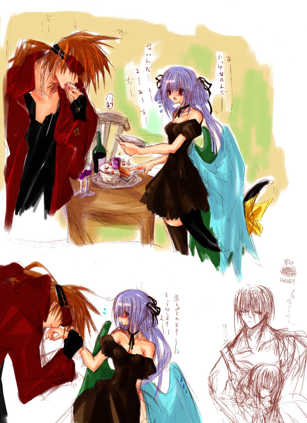 dizzy (guilty gear), sol badguy, arc system works, guilty gear, 1boy, 1girl, black dress, blush, breasts, cake, cleavage, cloak, couple, dress, eating, eyepatch, fingerless gloves, food, gloves, hair ribbon, hetero, kiss, kissing hand, medium breasts, neck ribbon, plant, red hair, ribbon, size difference, sketch, table, tail, vines, wings
