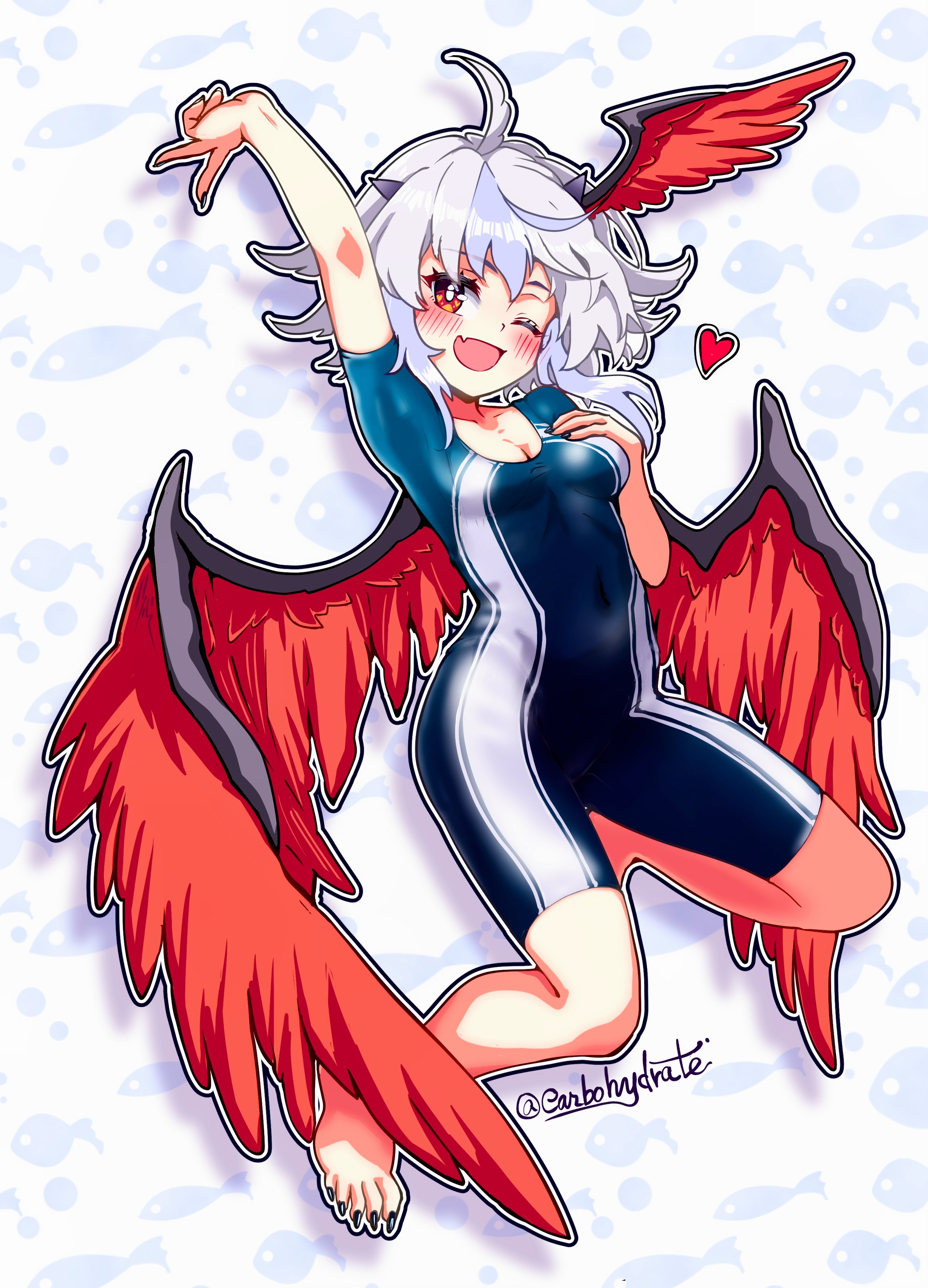 carbohydrate (asta4282), tokiko (touhou), touhou, absurdres, commentary request, highres, 1girl, ahoge, arm up, barefoot, black nails, black outline, blue hair, blue one-piece swimsuit, blush, breasts, bright pupils, cleavage, cone horns, fang, feathered wings, fingernails, full body, grey hair, hand on own chest, head wings, heart, horns, long fingernails, long toenails, looking at viewer, medium hair, midair, multicolored hair, one-piece swimsuit, one eye closed, open mouth, orange eyes, outline, red wings, single head wing, skin fang, small breasts, solo, streaked hair, swimsuit, toenails, twitter username, v, white outline, white pupils, wings