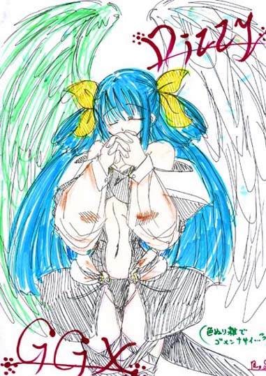 dizzy (guilty gear), arc system works, guilty gear, 1girl, asymmetrical wings, bad anatomy, blue hair, closed eyes, female focus, poorly drawn, solo, tail, wings