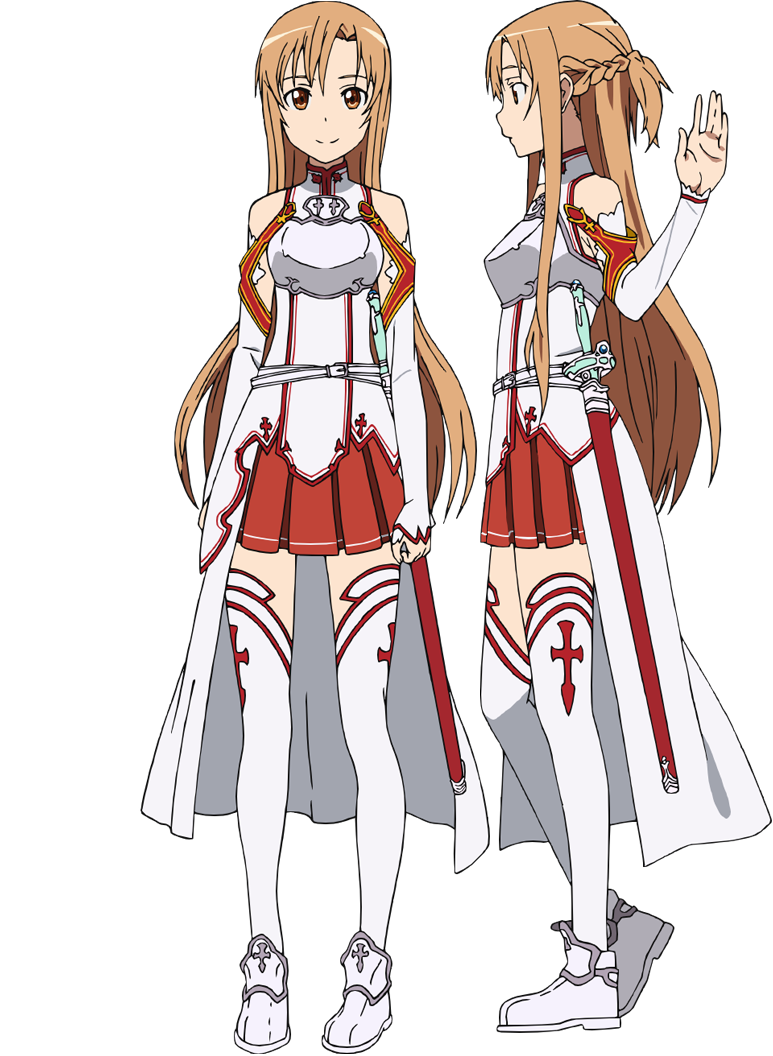 adachi shingo, asuna (sao), sword art online, official art, 2girls, anime coloring, armor, bare shoulders, belt, braid, breastplate, breasts, brown eyes, brown hair, collared shirt, crown braid, detached sleeves, from side, full body, hand up, long hair, long sidelocks, looking at viewer, medium breasts, multiple girls, multiple views, open hand, palms, pleated skirt, profile, red skirt, scabbard, sheath, sheathed, shirt, shoes, sidelocks, simple background, skirt, sleeveless, sleeveless shirt, smile, standing, sword, thighhighs, transparent background, very long hair, very long sidelocks, weapon, white belt, white shirt, white shoes, white thighhighs, zettai ryouiki