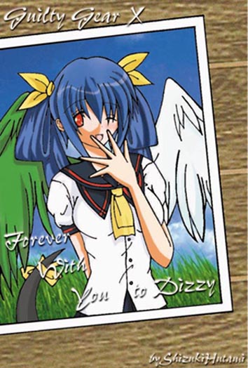 dizzy (guilty gear), arc system works, guilty gear, 1girl, asymmetrical wings, blue hair, female focus, photo (object), red eyes, ribbon, solo, tail, tail ornament, tail ribbon, wings
