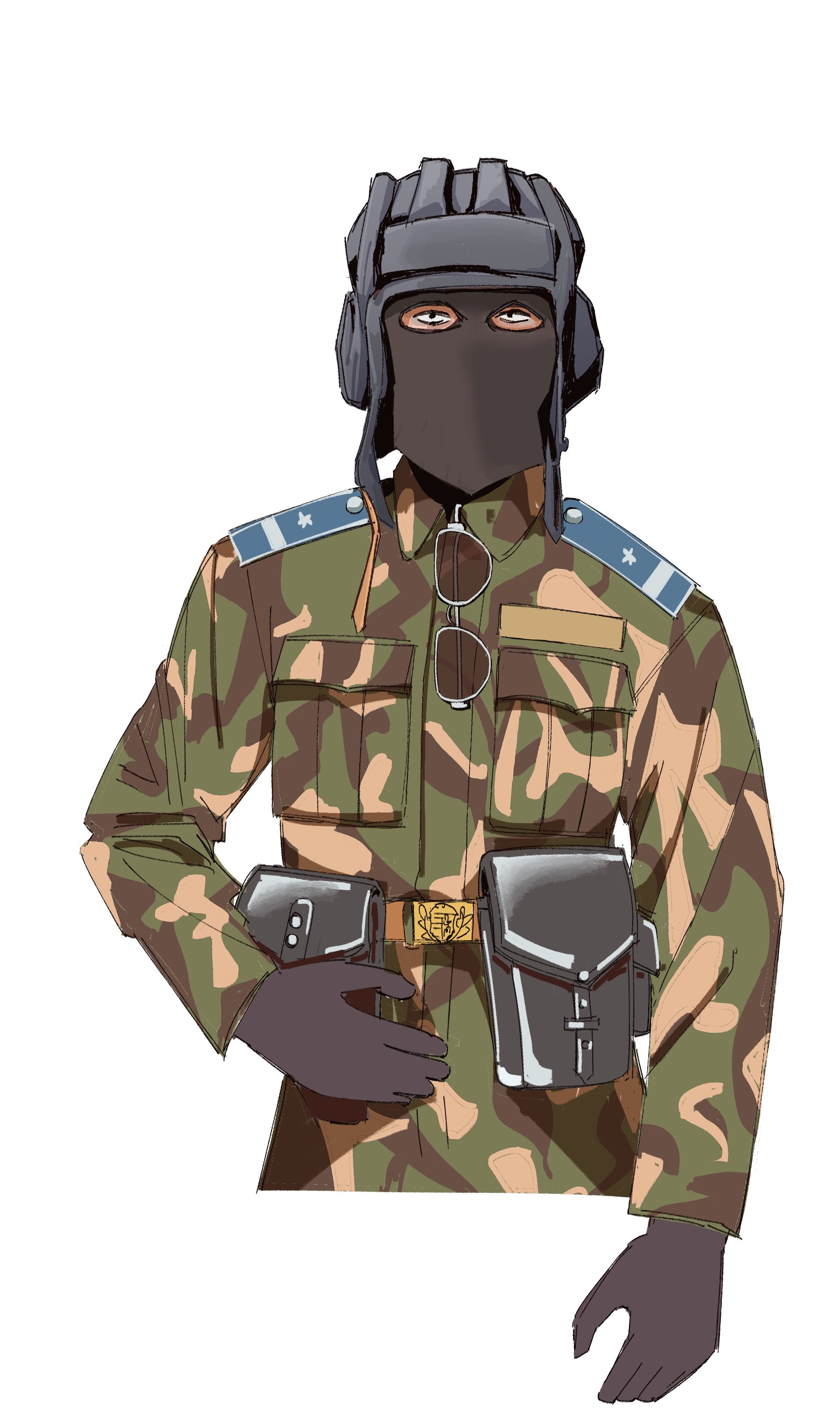 gulyas, original, highres, 1boy, balaclava, belt, belt buckle, belt pouch, black eyes, black gloves, buckle, camouflage, camouflage jacket, gloves, helmet, hungarian people's republic, hungary, jacket, military combat uniform, military uniform, police, pouch, shoulder strap, simple background, sunglasses, sunglasses removed, tank helmet, woodland camouflage