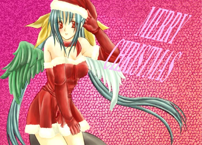dizzy (guilty gear), arc system works, guilty gear, 1girl, asymmetrical wings, bad anatomy, blue hair, christmas, dress, female focus, gloves, hat, poorly drawn, red eyes, santa costume, santa hat, solo, tail, wings