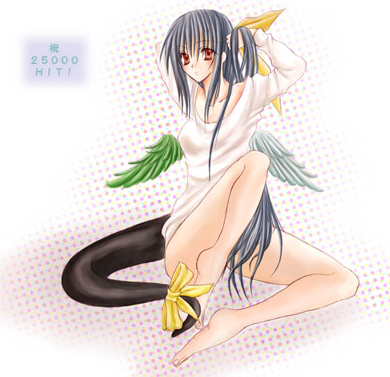 dizzy (guilty gear), arc system works, guilty gear, 1girl, asymmetrical wings, bad anatomy, barefoot, blue hair, feet, female focus, nightshirt, red eyes, ribbon, solo, tail, tail ornament, tail ribbon, wings