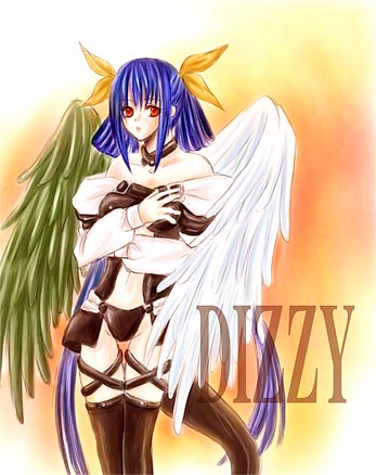 dizzy (guilty gear), arc system works, guilty gear, lowres, 1girl, asymmetrical wings, blue hair, female focus, red eyes, solo, tail, thighhighs, wings