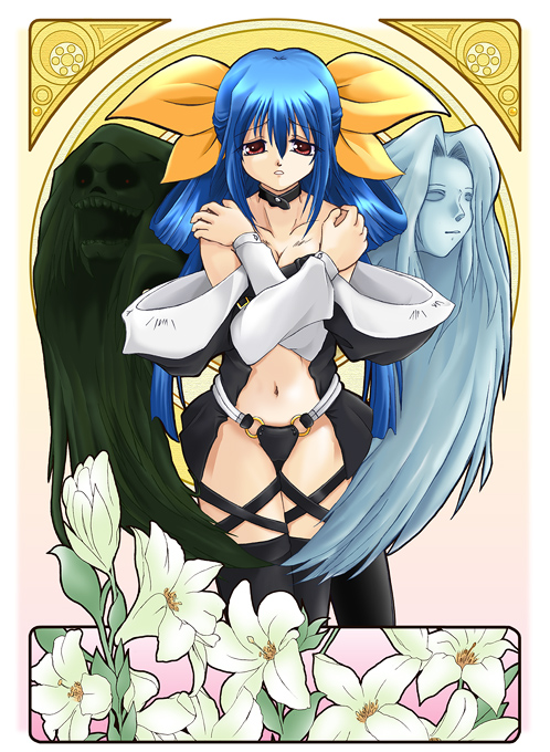 o-no tatsuki, dizzy (guilty gear), necro (guilty gear), undine (guilty gear), arc system works, guilty gear, 1girl, asymmetrical wings, black thighhighs, blue hair, bow, breasts, choker, cleavage, covering privates, crossed arms, flower, hair bow, long hair, navel, off shoulder, red eyes, tail, thighhighs, wings