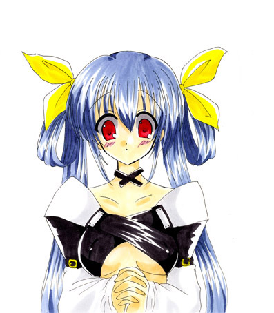 dizzy (guilty gear), arc system works, guilty gear, lowres, 1girl, :o, blue hair, blush, breasts, clothing cutout, female focus, large breasts, looking at viewer, parted lips, praying, red eyes, simple background, solo, underboob, underboob cutout, upper body, white background