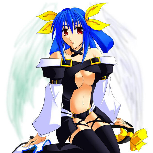 dizzy (guilty gear), arc system works, guilty gear, 1girl, asymmetrical wings, blue hair, breasts, female focus, red eyes, ribbon, solo, tail, tail ornament, tail ribbon, thighhighs, wings