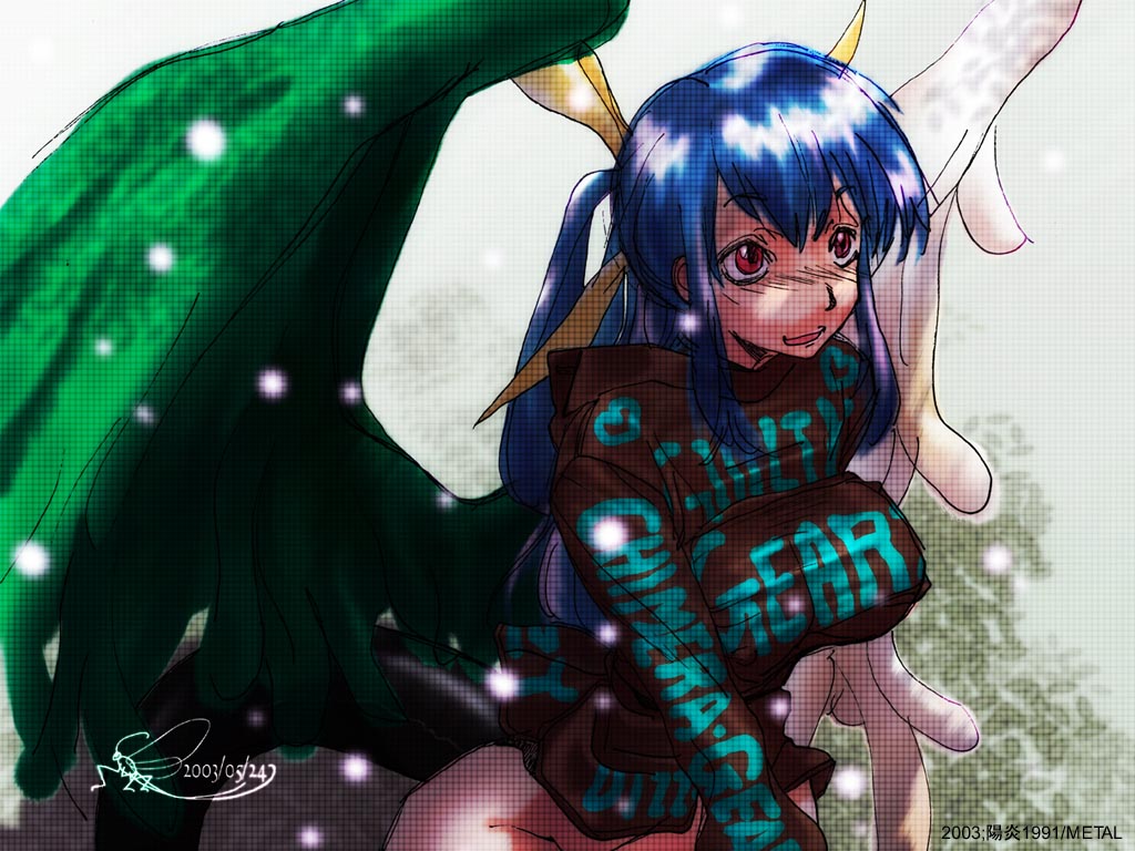 dizzy (guilty gear), arc system works, guilty gear, 1girl, asymmetrical wings, blue hair, female focus, red eyes, solo, sweater, wings