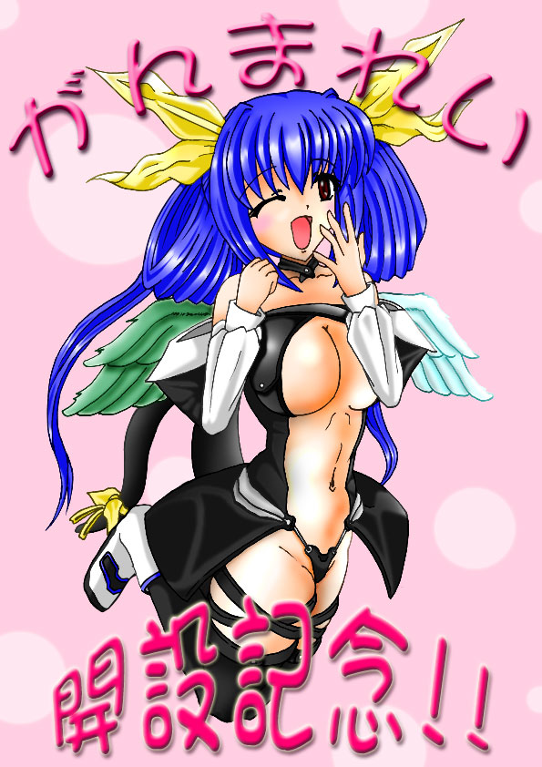 dizzy (guilty gear), arc system works, guilty gear, 1girl, asymmetrical wings, blue hair, breasts, female focus, red eyes, ribbon, solo, tail, tail ornament, tail ribbon, thighhighs, wings