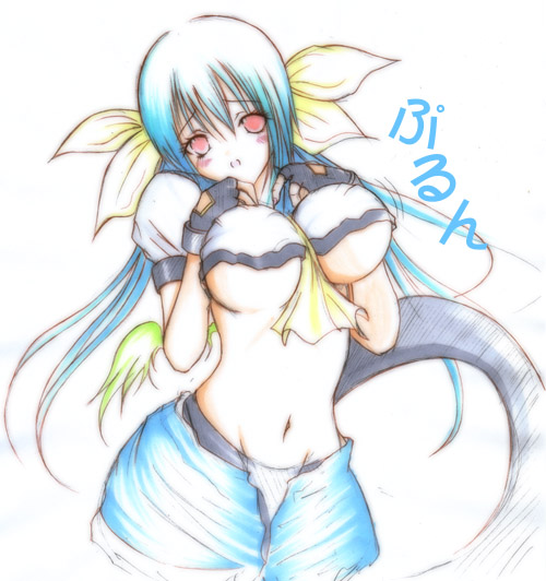 dizzy (guilty gear), arc system works, guilty gear, 1girl, asymmetrical wings, black gloves, blue hair, blush, breasts, breasts squeezed together, crop top, female focus, fingerless gloves, gloves, hair ribbon, large breasts, open clothes, open shorts, panties, red eyes, ribbon, shorts, solo, tail, underboob, underwear, wings