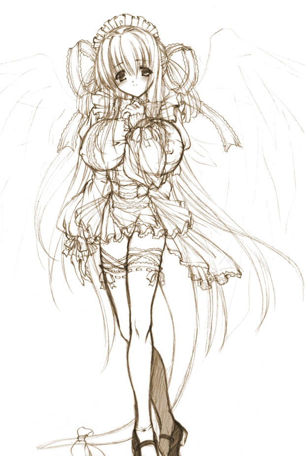 shujin, dizzy (guilty gear), arc system works, guilty gear, 1girl, female focus, maid, monochrome, sketch, solo, tail, thighhighs, wings