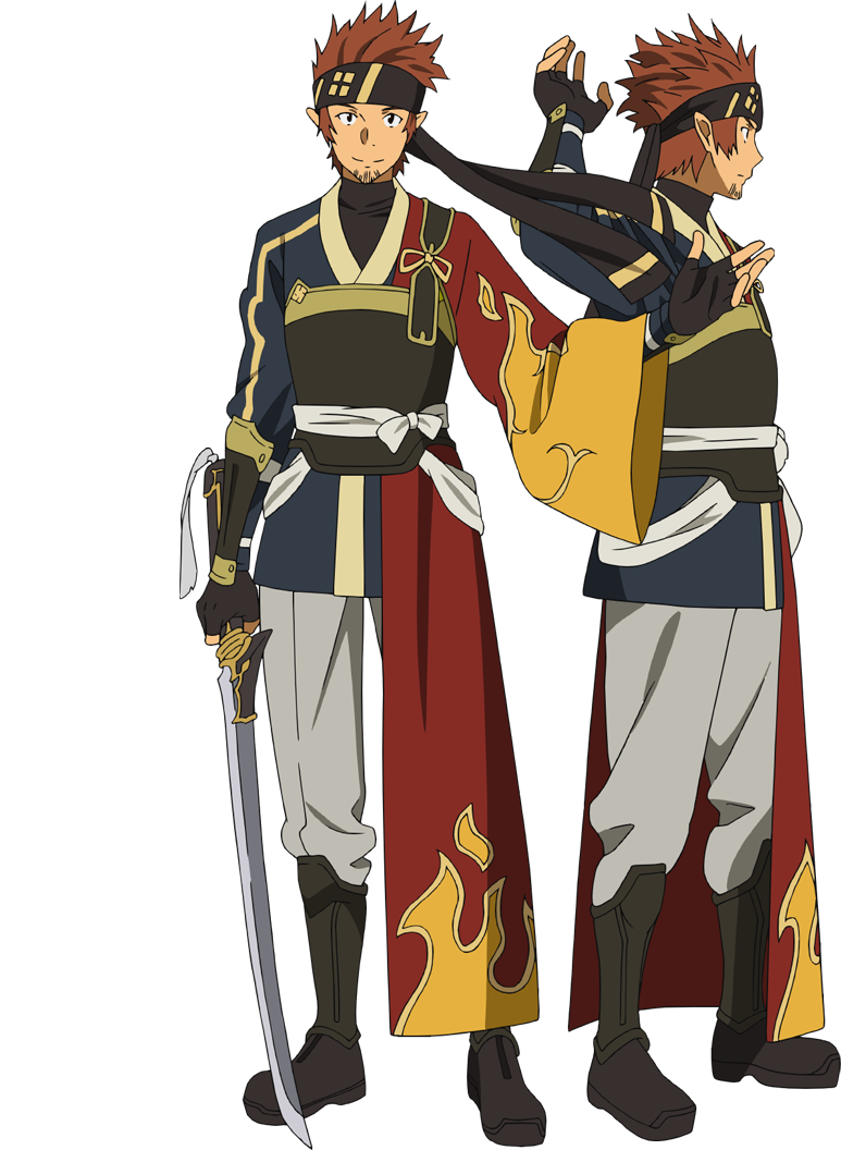 adachi shingo, klein (sao), klein (sao-alo), sword art online, official art, 2boys, anime coloring, arm up, armor, beard, black eyes, black gloves, black headband, black shirt, breastplate, brown hair, closed mouth, elf, facial hair, fingerless gloves, from side, full body, gloves, grey shoes, hand up, headband, holding, holding sword, holding weapon, japanese armor, japanese clothes, katana, kimono, kote, leg armor, long sleeves, looking at viewer, multiple boys, multiple views, open hand, pants, pointy ears, profile, red kimono, sash, shirt, shoes, short hair, simple background, smile, standing, stubble, sword, transparent background, turtleneck, turtleneck shirt, weapon, white pants, white sash, wide sleeves