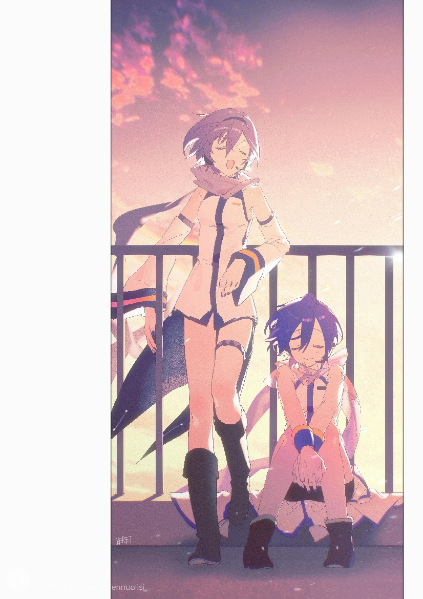 kaiko (vocaloid), kaito (vocaloid), kaito (vocaloid3), vocaloid, 2girls, against railing, beret cj, bike shorts, black boots, black hairband, blue dress, blue hair, blue nails, blue scarf, boots, breasts, closed eyes, closed mouth, dated commentary, detached sleeves, dress, genderswap, genderswap (mtf), hair between eyes, hairband, headset, interlocked fingers, knee boots, lens flare, multiple girls, open mouth, railing, scarf, short dress, short hair, sitting, small breasts, smile, standing, standing on one leg, thigh strap, two-tone dress, upskirt, v arms, white dress, wrist cuffs