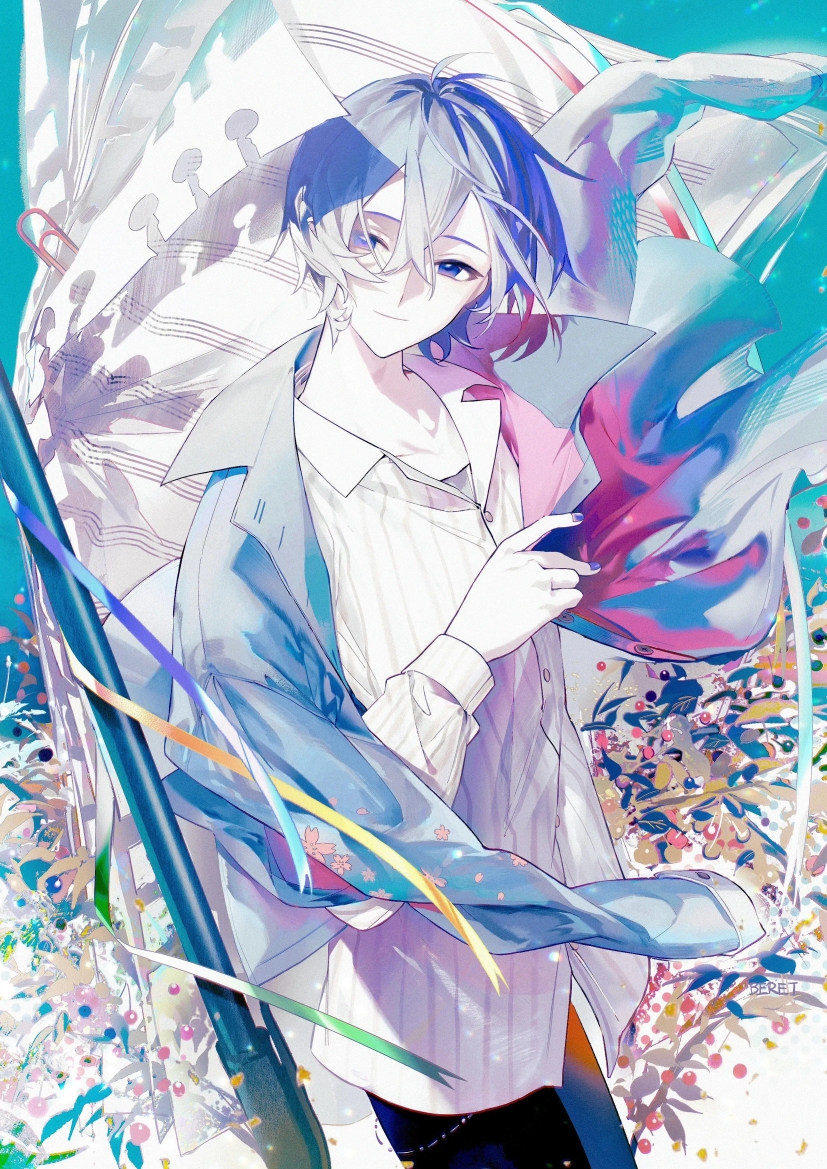 kaito (vocaloid), vocaloid, 1boy, beret cj, black pants, blue eyes, blue hair, blue jacket, blue nails, closed mouth, crossed bangs, hair between eyes, jacket, jacket on shoulders, long sleeves, looking to the side, male focus, pants, shirt, short hair, smile, solo, striped clothes, striped shirt, vertical-striped clothes, vertical-striped shirt, white shirt