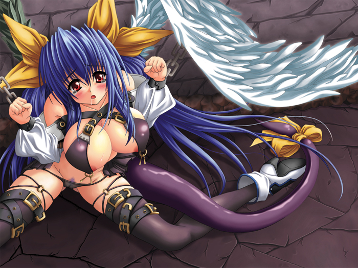 dizzy (guilty gear), arc system works, guilty gear, 1girl, asymmetrical wings, bare shoulders, bdsm, belt bra, black panties, black thighhighs, blue hair, bondage, boots, bound, bow, breasts, chain, cleavage, female focus, female pubic hair, hair bow, huge breasts, long hair, lowleg, lowleg panties, nipple piercing, nipple rings, nipples, open mouth, panties, piercing, pubic hair, pubic hair peek, red eyes, ribbon, saliva, sitting, solo, spread legs, tail, tail ornament, tail ribbon, thigh strap, thighhighs, twintails, underwear, very long hair, wings