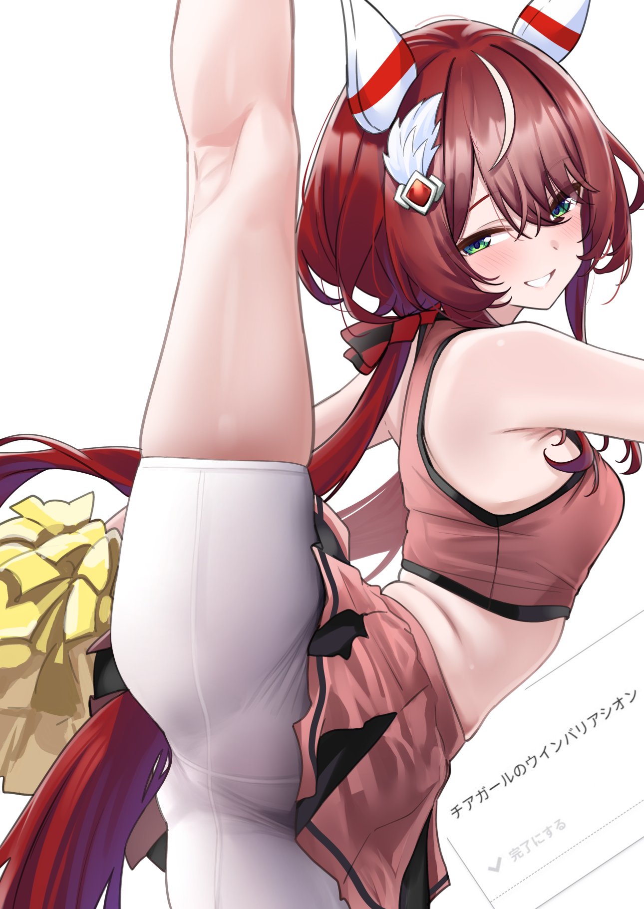 herohero (higashi no dou), win variation (umamusume), umamusume, highres, 1girl, animal ears, bare shoulders, blush, cheerleader, ear covers, green eyes, grin, hair between eyes, holding, holding pom poms, horse ears, horse girl, horse tail, long hair, low ponytail, pink skirt, pink sports bra, pom pom (cheerleading), pom poms, ponytail, red hair, shorts, shorts under skirt, sidelocks, skirt, smile, solo, split, sports bra, standing, standing on one leg, standing split, tail, white shorts