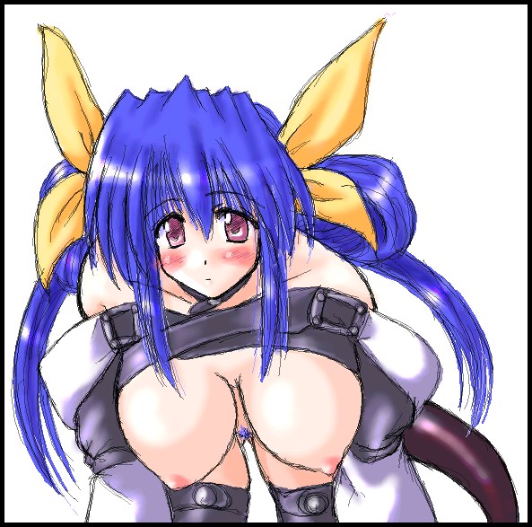 dizzy (guilty gear), arc system works, guilty gear, 1girl, bad anatomy, breasts, female focus, large breasts, nipples, oekaki, simple background, solo, thighhighs