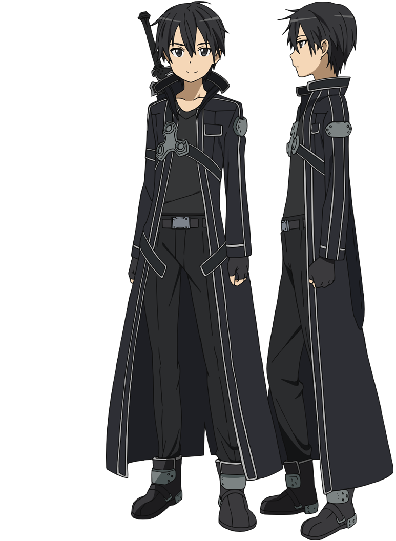 adachi shingo, kirito, sword art online, official art, 2boys, anime coloring, armor, belt, black belt, black boots, black coat, black eyes, black gloves, black hair, black pants, black shirt, boots, breastplate, clenched hands, closed mouth, coat, collarbone, crossed bangs, fingerless gloves, from side, full body, gloves, hair between eyes, long coat, looking at viewer, multiple boys, multiple views, pants, profile, scabbard, sheath, sheathed, shirt, short hair, simple background, smile, standing, sword, sword on back, t-shirt, transparent background, weapon, weapon on back