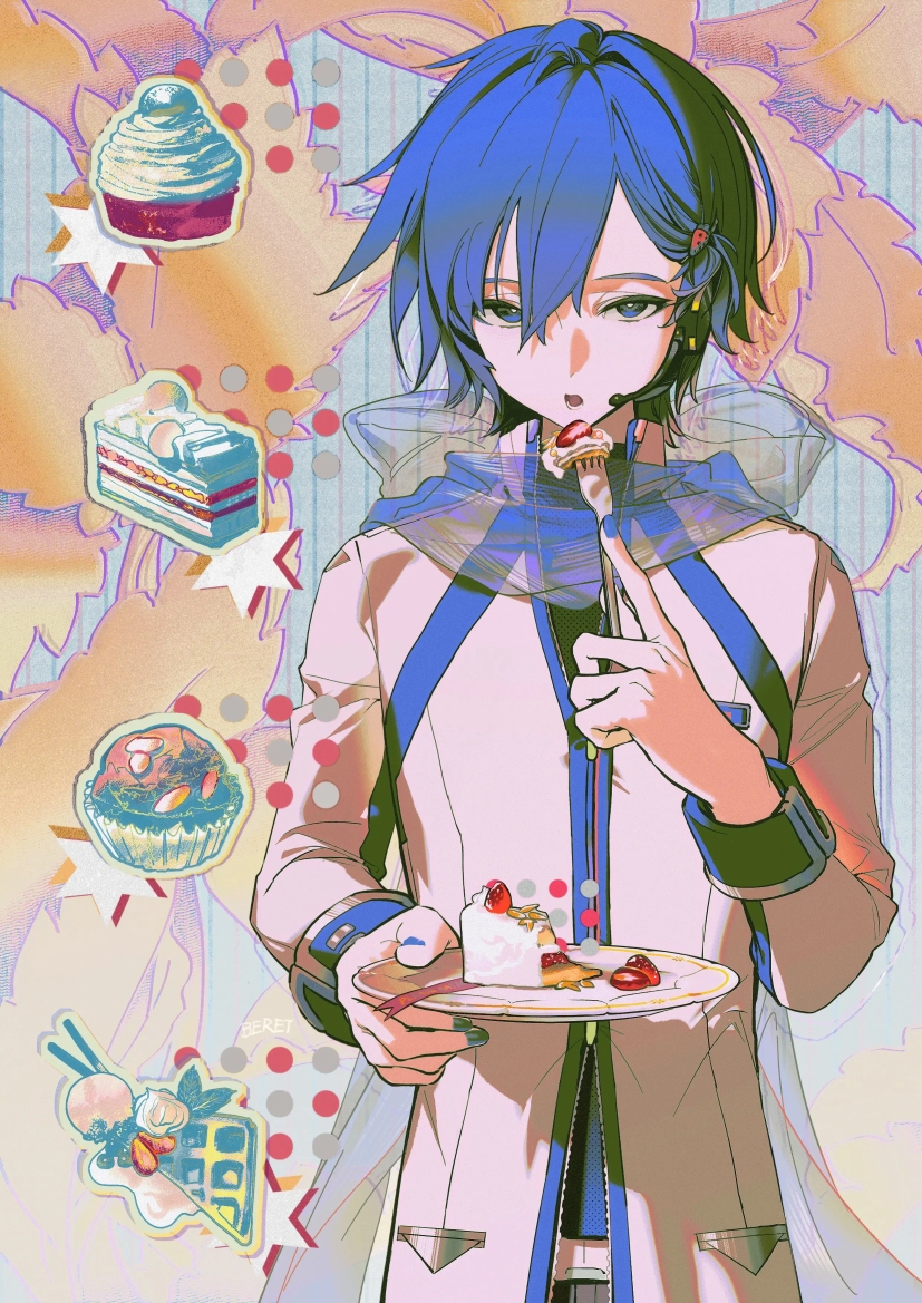 kaito (vocaloid), vocaloid, food request, 1boy, beret cj, black shirt, blue eyes, blue hair, cake, coat, eating, food, food-themed hair ornament, fork, hair between eyes, hair ornament, headset, holding, holding fork, holding plate, long coat, looking at viewer, male focus, mont blanc (food), open mouth, plate, scarf, see-through scarf, shirt, short hair, solo, strawberry shortcake, white coat
