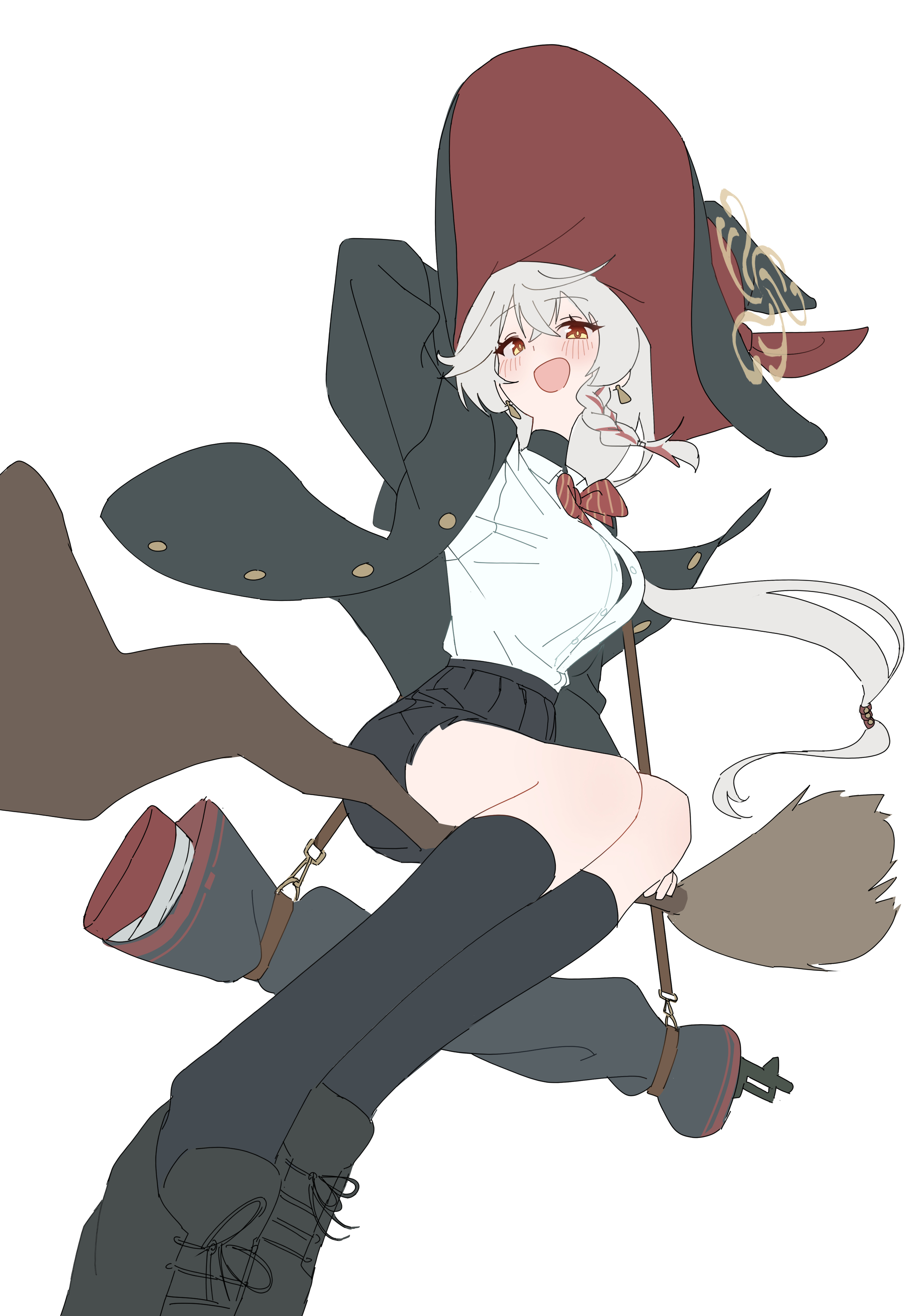 eri (blue archive), blue archive, absurdres, commentary, highres, 1girl, :d, arm behind head, black hat, black jacket, black shoes, black skirt, black socks, blush, bow, bowtie, braid, breasts, broom, broom riding, brown halo, collared shirt, cross-laced shoes, crossed bangs, dutch angle, earrings, floating hair, foreshortening, from below, full body, grey hair, gun, hair between eyes, halo, happy, hat, jacket, jewelry, kneehighs, large breasts, long hair, long sleeves, looking at viewer, looking down, low-tied long hair, low ponytail, miniskirt, open clothes, open jacket, open mouth, pleated skirt, ponytail, red bow, red bowtie, school uniform, shirt, shoes, simple background, single braid, sitting, skirt, smile, socks, solo, very long hair, weapon, white background, white shirt, witch, witch hat, yellow eyes, yellow pupils, yona (yoroyoro)