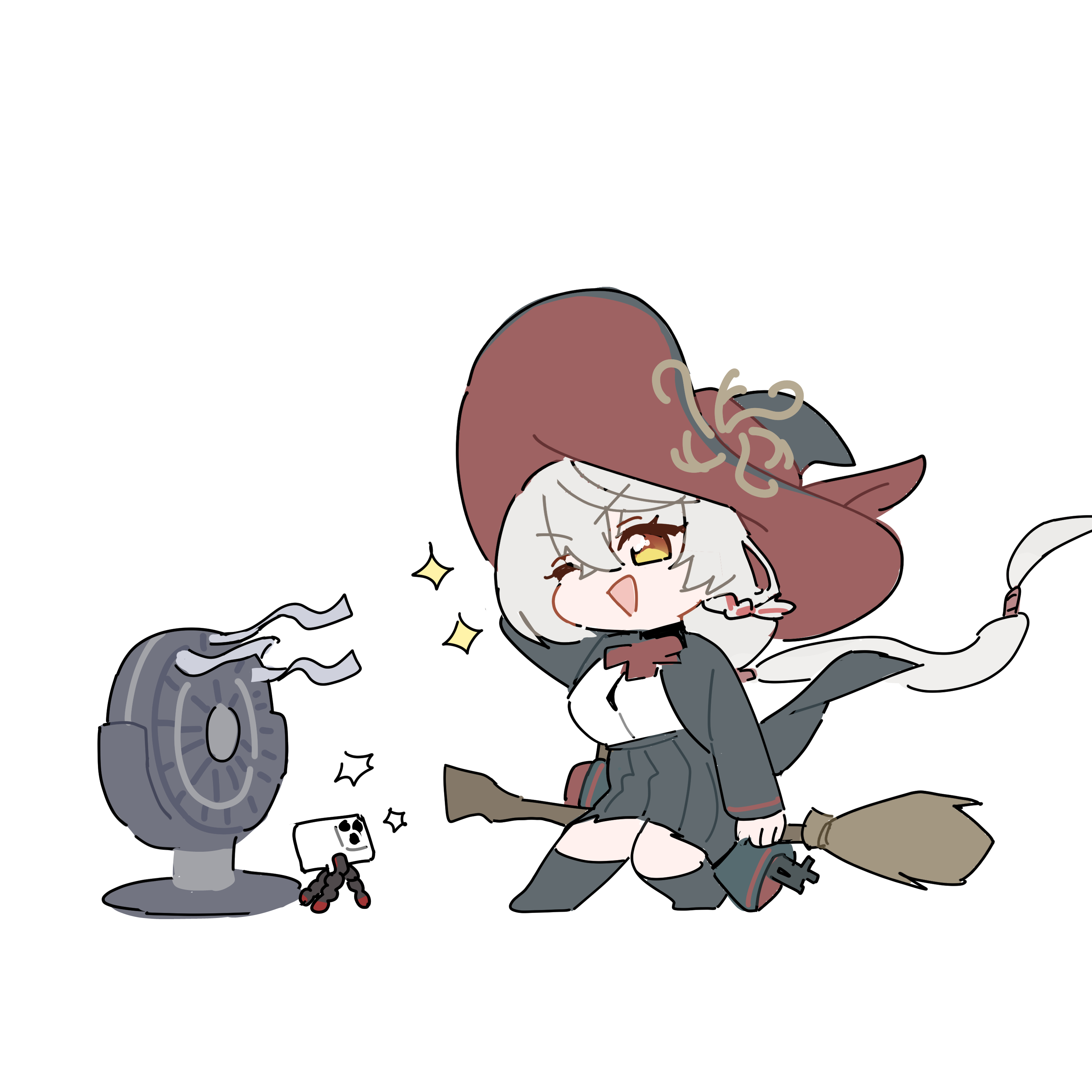 eri (blue archive), blue archive, absurdres, commentary, highres, 1girl, ;d, arm behind head, black hat, black jacket, black skirt, black socks, blush, braid, broom, cellphone, chibi, chibi only, crossed bangs, electric fan, full body, grey hair, hair between eyes, hat, jacket, kneehighs, long hair, long sleeves, looking at phone, low-tied long hair, low ponytail, miniskirt, one eye closed, open clothes, open jacket, open mouth, phone, pleated skirt, ponytail, school uniform, selfie, shirt, simple background, single braid, skirt, smartphone, smile, socks, solo, sparkle, standing, v-shaped eyebrows, very long hair, white background, white shirt, wind, witch, witch hat, yellow eyes, yona (yoroyoro)
