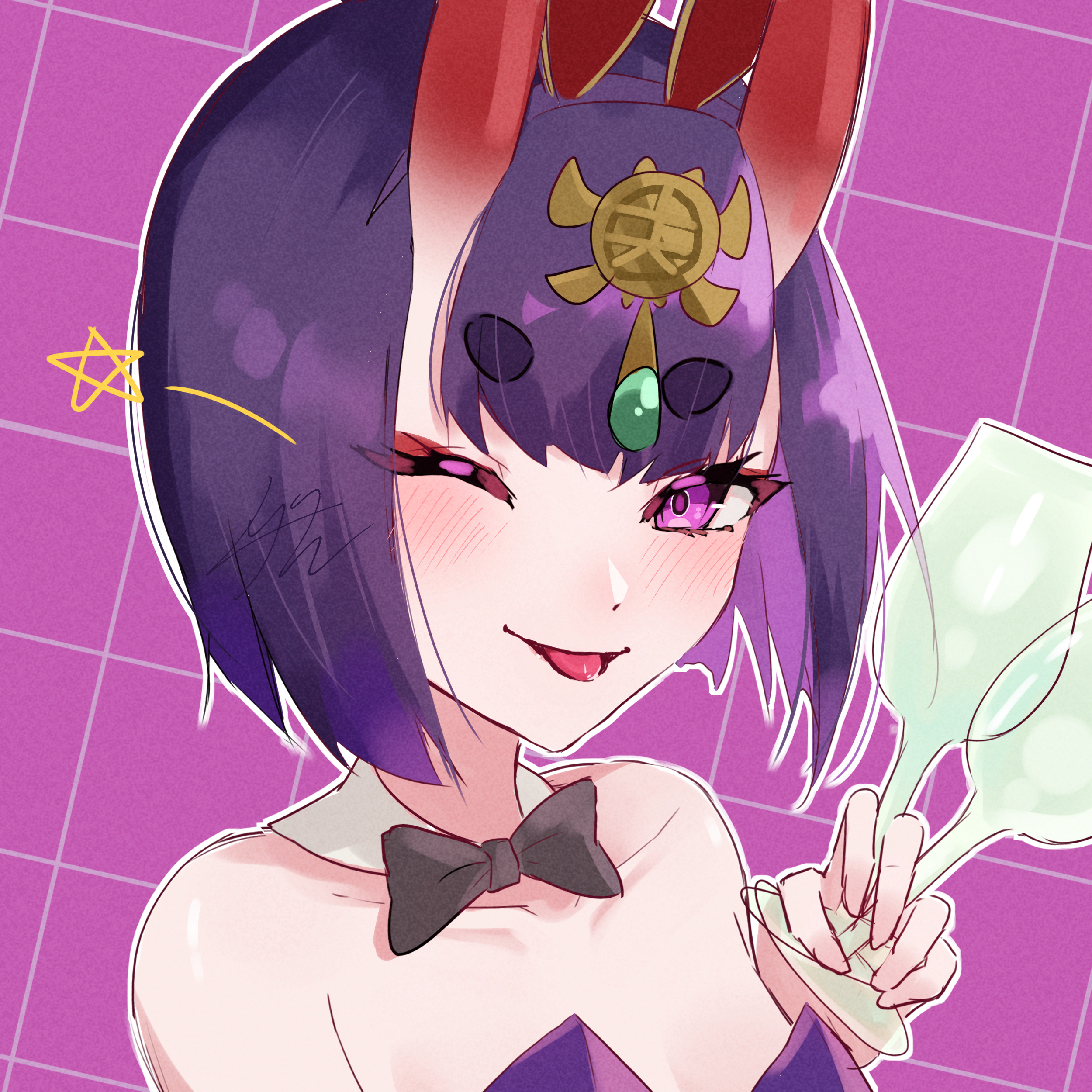 izanaware game, shuten douji (fate), fate/grand order, fate (series), absurdres, highres, 1girl, animal ears, bare shoulders, blush, bow, bowtie, breasts, cup, detached collar, drinking glass, eyeliner, fake animal ears, headpiece, horns, leotard, looking at viewer, makeup, one eye closed, oni, playboy bunny, purple eyes, purple hair, purple leotard, rabbit ears, short hair, skin-covered horns, small breasts, smile, solo, tongue, tongue out