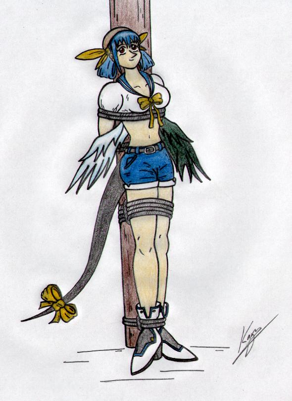 dizzy (guilty gear), arc system works, guilty gear, 1girl, asymmetrical wings, bdsm, bondage, bound, bow, feathered wings, female focus, pirate, rope, solo, tail, tail bow, tail ornament, wings