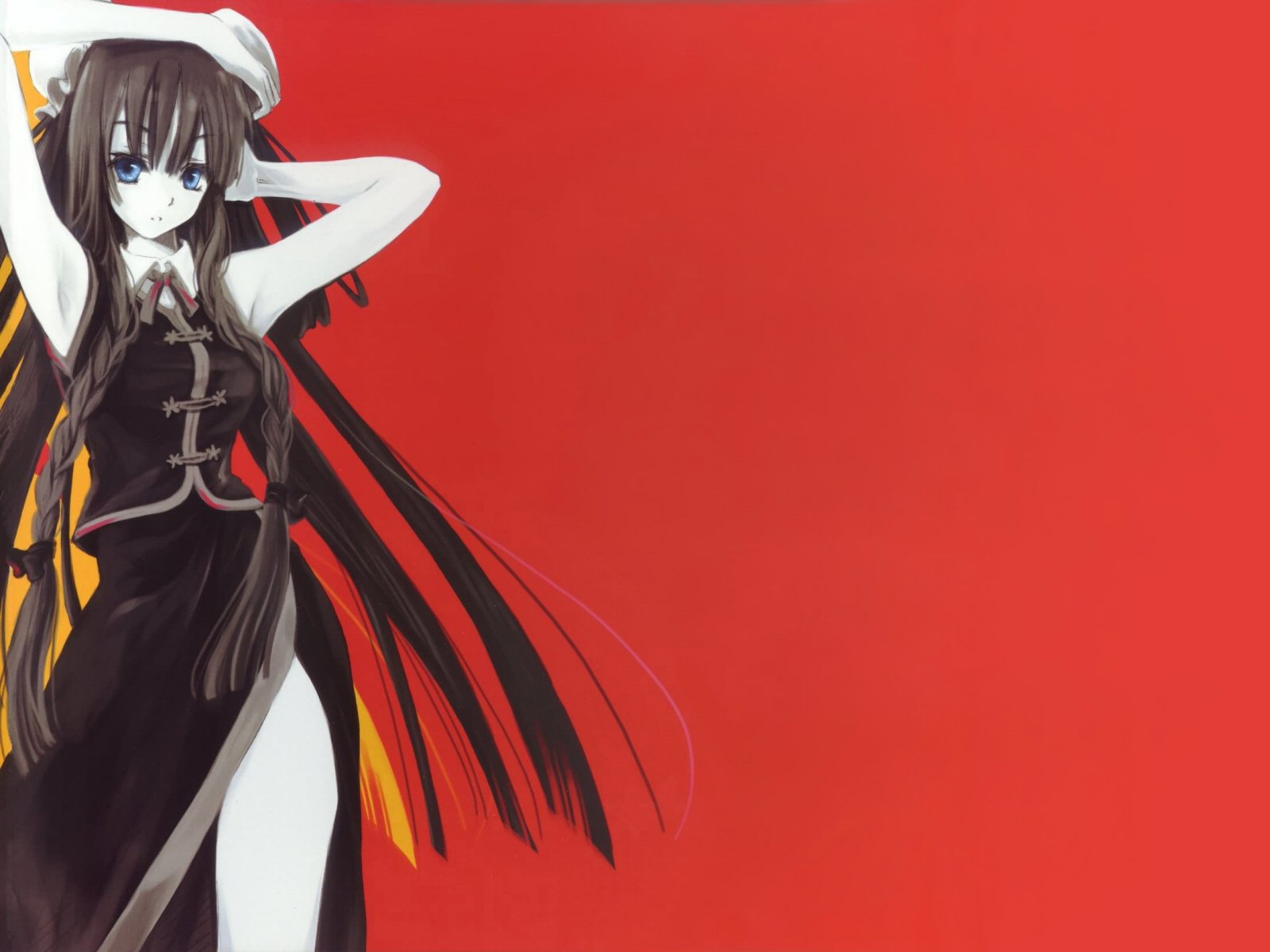 cradle (circle), misaki kurehito, hong meiling, embodiment of scarlet devil, team shanghai alice, touhou, highres, jpeg artifacts, 1girl, adjusting hair, armpits, arms up, blue eyes, blunt bangs, bow, braid, bun cover, china dress, chinese clothes, double bun, dress, female focus, frills, hair bow, hair bun, hand on own head, long hair, looking at viewer, monochrome, necktie, red background, ribbon, shadow, side braid, side slit, simple background, solo, spot color, standing, thighs, twin braids, twintails, very long hair