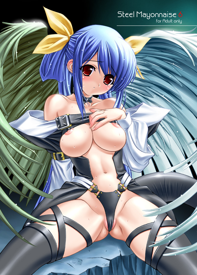 higuchi isami, dizzy (guilty gear), arc system works, guilty gear, 1girl, asymmetrical wings, bare shoulders, blue hair, blush, bow, breasts, cameltoe, choker, cover, female focus, hair bow, large breasts, long hair, midriff, navel, nipple slip, nipples, red eyes, sitting, solo, spread legs, sweat, tail, thighhighs, twintails, very long hair, wings