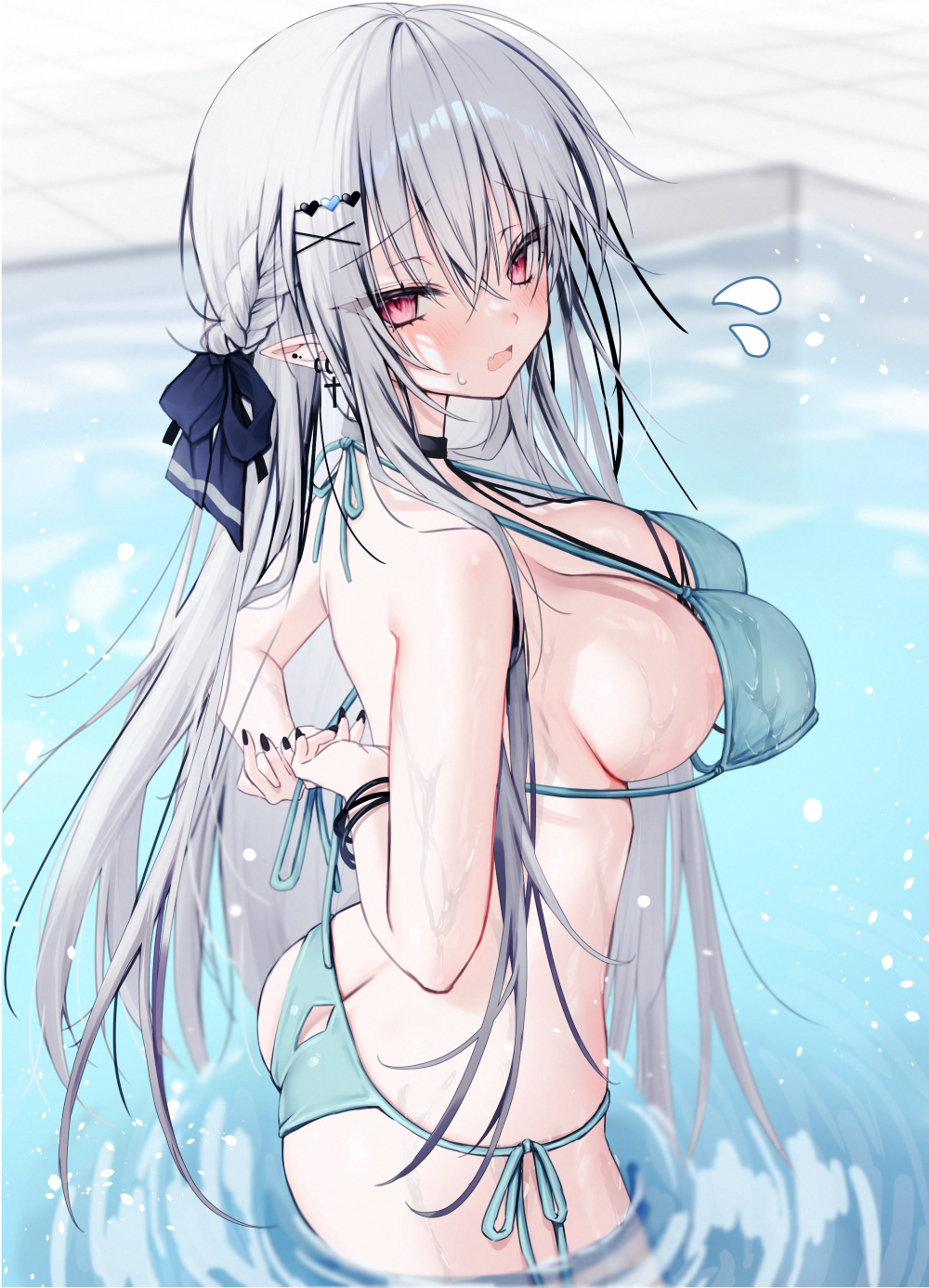 yoruhoshi owl, original, highres, 1girl, ass, bare shoulders, bikini, blue bikini, blush, bow, breasts, choker, cleavage, grey hair, hair between eyes, hair bow, hair ornament, large breasts, long hair, nail polish, open mouth, red eyes, solo, stomach, sweat, sweatdrop, swimsuit, wardrobe malfunction, water