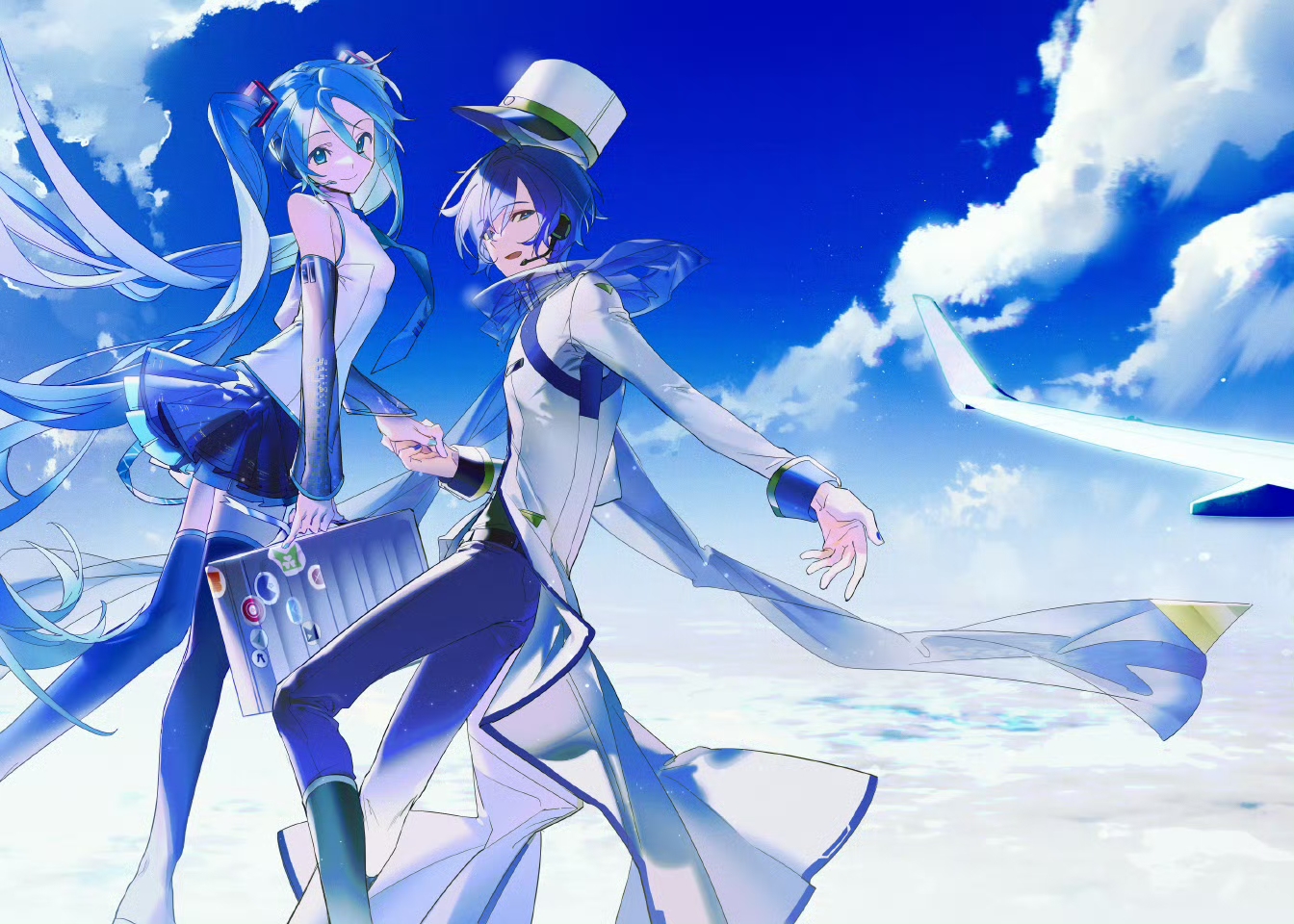 hatsune miku, kaito (vocaloid), kaito (vocaloid3), vocaloid, chinese commentary, 1boy, 1girl, aircraft, airplane, aqua eyes, aqua hair, aqua nails, bare shoulders, beret cj, black skirt, blue eyes, blue hair, blue nails, blue pants, blue scarf, boots, briefcase, cloud, cloudy sky, coat, detached sleeves, floating hair, hair between eyes, hair ornament, hat, headset, holding, holding briefcase, holding hands, kepi, long coat, long hair, looking at viewer, military hat, necktie, open mouth, pants, pleated skirt, reaching, reaching towards viewer, scarf, shirt, short hair, skirt, sky, sleeveless, smile, sticker, thighhighs, twintails, very long hair, white coat, white hat, white shirt