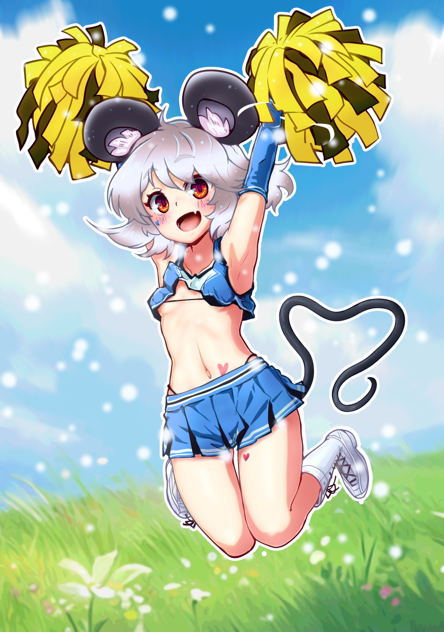 carbohydrate (asta4282), nazrin, touhou, commentary request, highres, 1girl, alternate costume, animal ears, armpits, arms up, blue gloves, blue shirt, blue skirt, blush, boots, elbow gloves, fang, full body, gloves, grey hair, heart, jumping, looking at viewer, medium hair, miniskirt, mouse ears, mouse tail, open mouth, orange eyes, pleated skirt, pom pom (cheerleading), shirt, skin fang, skirt, smile, solo, tail, white boots