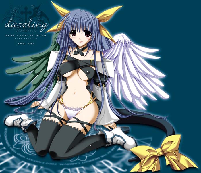 shinano yura, dizzy (guilty gear), arc system works, guilty gear, 1girl, arm support, asymmetrical wings, belt bra, blue hair, boots, bow, breasts, brown eyes, choker, cleavage, detached sleeves, female focus, hair bow, hair ribbon, large breasts, long hair, long sleeves, panties, ribbon, sitting, solo, tail, tail ornament, tail ribbon, thighhighs, underwear, white panties, wings