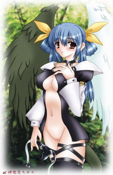 hotarui chihiro, dizzy (guilty gear), arc system works, guilty gear, 1girl, asymmetrical wings, blue hair, bottomless, breasts, brown eyes, choker, cleavage, female focus, hair ribbon, large breasts, leather, navel, no panties, outdoors, pussy, ribbon, solo, strap, tail, thighhighs, uncensored, wings