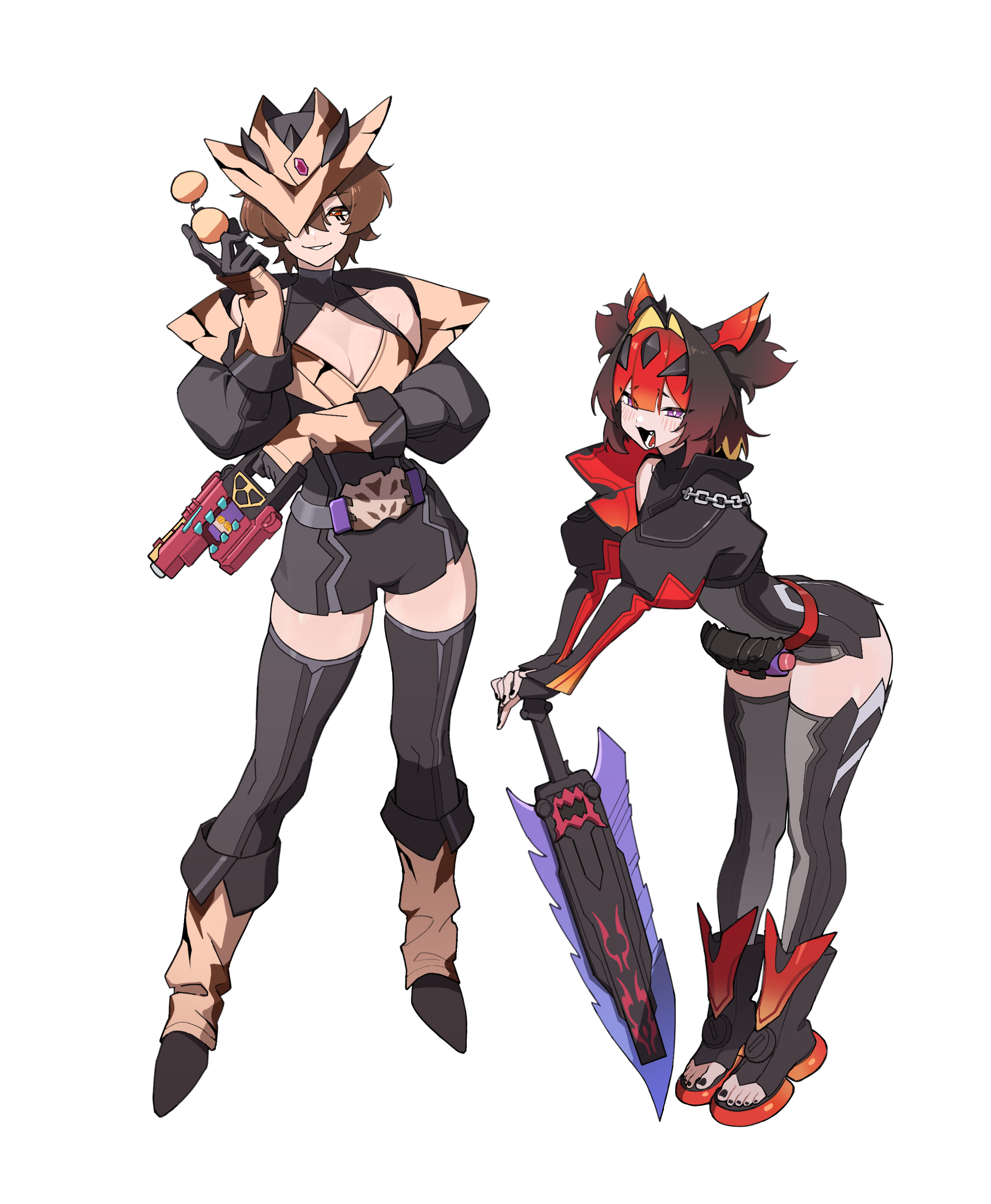 goz-zz, kamen rider bake, rider-tan, kamen rider, kamen rider (1st series), absurdres, highres, bake magnum, belt, black nails, bodysuit, boots, breasts, cleavage, cleavage cutout, clothing cutout, genderswap, genderswap (mtf), glasses, gloves, gun, holding, holding removed eyewear, kamen rider bake breacookie form, kamen rider bitter gavv (sparkingummy form), nail polish, open-toe boots, open mouth, sword, unworn eyewear, weapon
