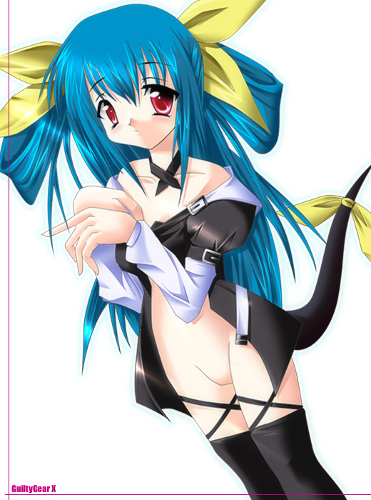 dizzy (guilty gear), arc system works, guilty gear, bottomless, no pussy, ribbon, solo, tail, tail ornament, tail ribbon, thighhighs