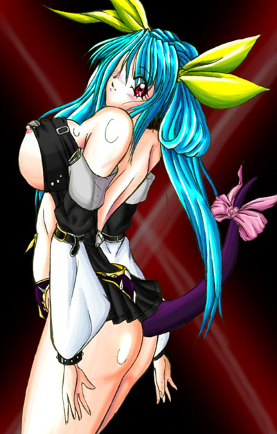 dizzy (guilty gear), arc system works, guilty gear, 1girl, ass, bare back, bare shoulders, blue hair, blush, breasts, female focus, hair ribbon, large breasts, long hair, long sleeves, looking at viewer, nipple slip, nipples, red eyes, ribbon, skirt, smile, solo, tail, underboob, very long hair