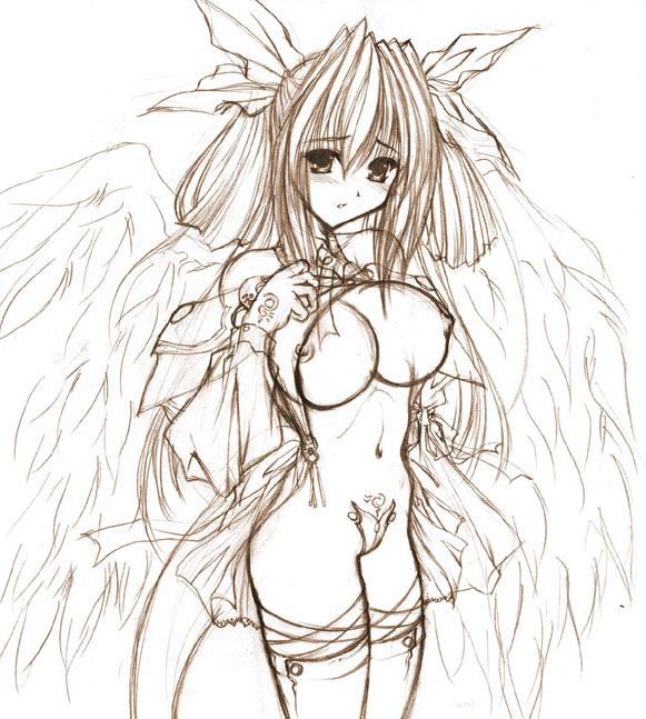 shujin, dizzy (guilty gear), arc system works, guilty gear, 1girl, breasts, female focus, large breasts, monochrome, nipples, sketch, solo, thighhighs