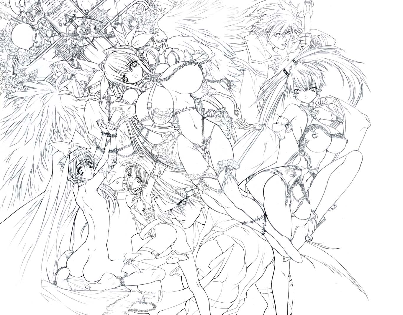 q azieru, bridget (guilty gear), dizzy (guilty gear), kuradoberi jam, ky kiske, may (guilty gear), sol badguy, testament, testament (guilty gear), arc system works, guilty gear, guilty gear x, 3girls, 4boys, arched back, armpits, ass, back, bdsm, blue eyes, bondage, boots, bound, breasts, chain, china dress, chinese clothes, cleavage, cross, dress, everyone, greyscale, hair rings, huge breasts, leotard, long hair, monochrome, multiple boys, multiple girls, navel, panties, pirate, short hair, shota, skindentation, skull, spread legs, standing, standing on one leg, stomach, thigh strap, trap, underwear, wings