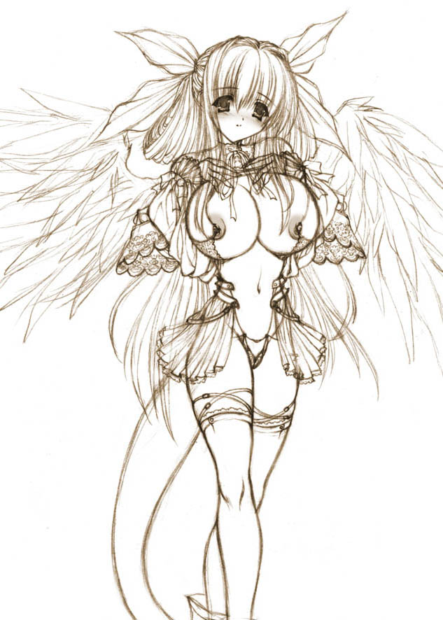 shujin, dizzy (guilty gear), arc system works, guilty gear, 1girl, blush, breasts, crossed legs, female focus, huge breasts, monochrome, nipples, sketch, solo, tail, thighhighs, watson cross, wings