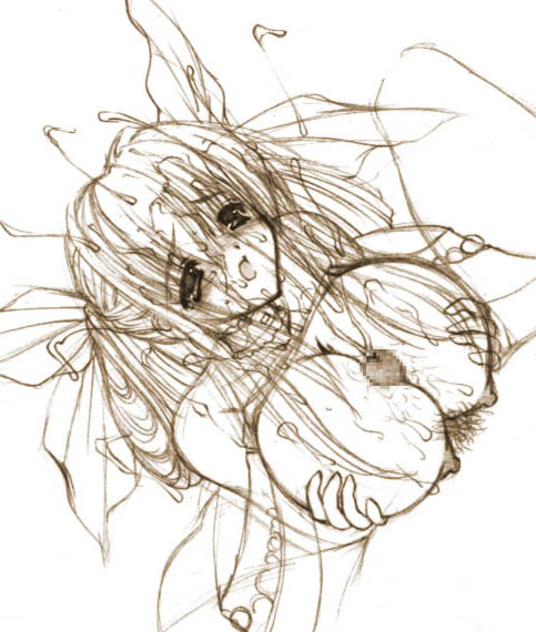 shujin, dizzy (guilty gear), arc system works, guilty gear, 1girl, breasts, censored, cum, cum on body, facial, huge breasts, monochrome, mosaic censoring, paizuri, penis, sketch, solo focus