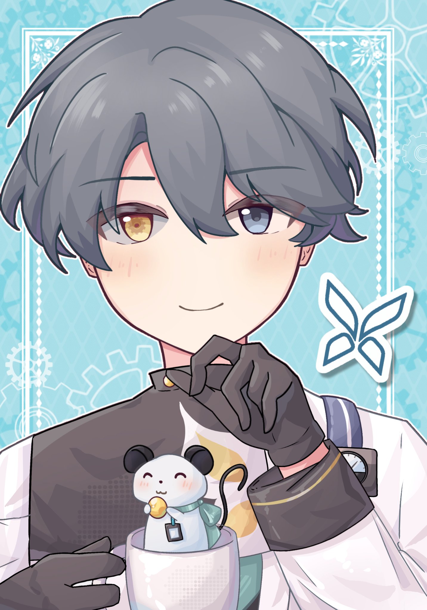 x (reverse:1999), reverse:1999, highres, 1boy, black gloves, blue background, closed mouth, coat, cup, gloves, grey eyes, grey hair, hands up, heterochromia, holding, holding cup, in container, in cup, kikuka, male focus, mouse (animal), short hair, smile, solo, upper body, white coat, yellow eyes