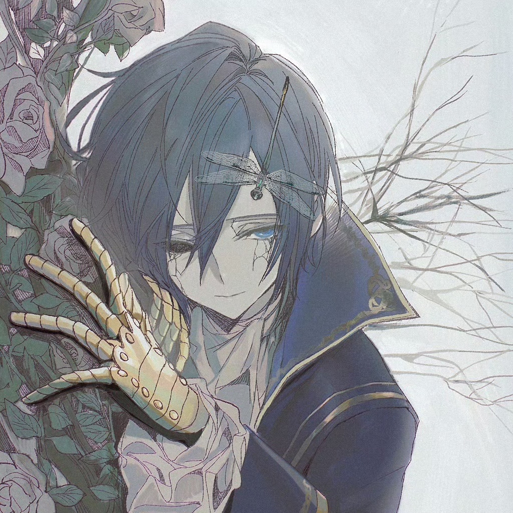 kaito (vocaloid), vocaloid, 1boy, ascot, bare tree, beret cj, blue eyes, blue hair, blue jacket, cracked skin, flower, fog, frills, gloves, hair between eyes, high collar, jacket, male focus, missing eye, plant, rose, short hair, solo, tree, vines, white ascot