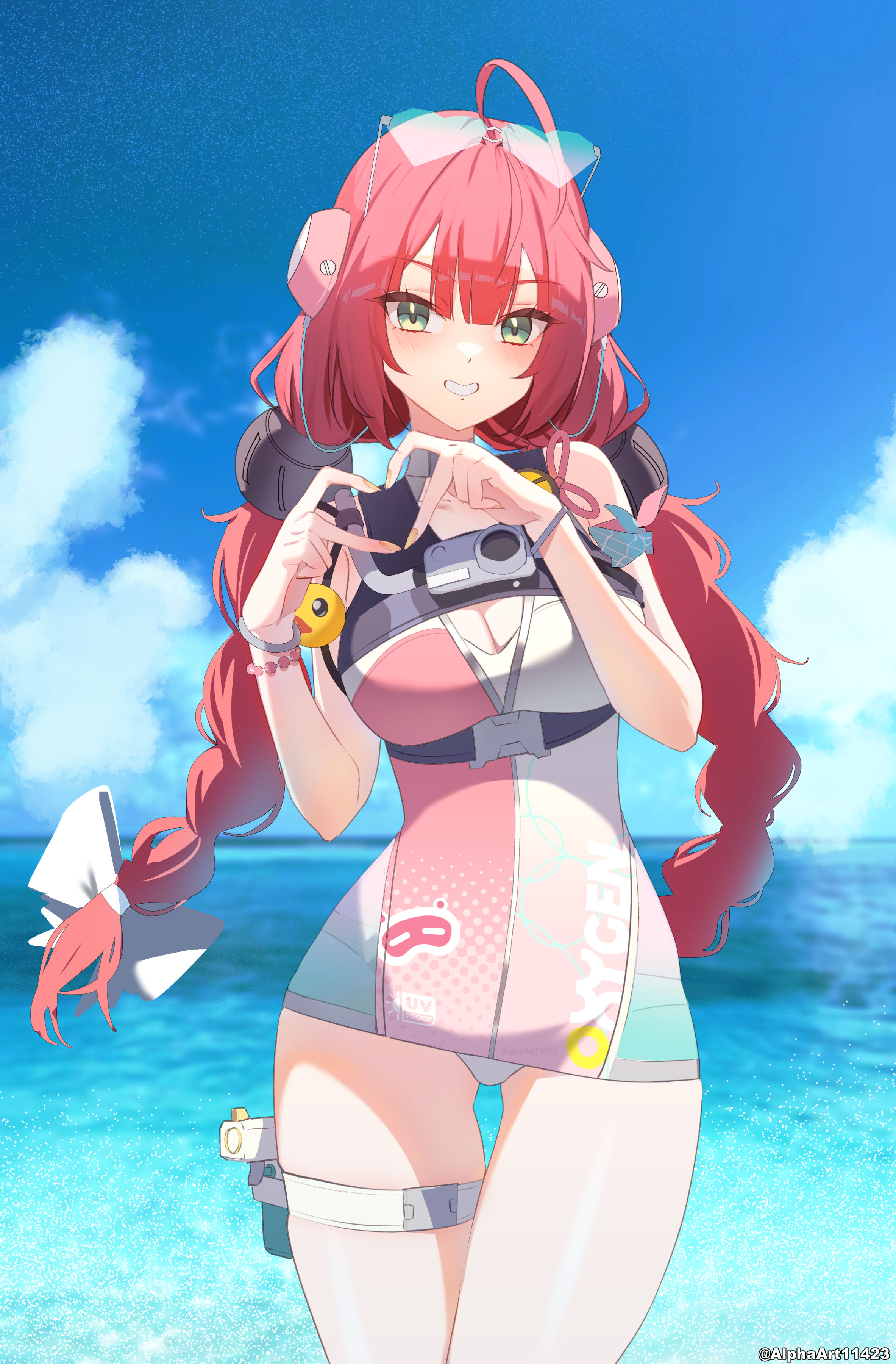 alphaart, ukinami yuzuha, zenless zone zero, braided twintails, absurdres, highres, 1girl, bikini top under shirt, blue sky, blush, braid, breasts, chest bow, choker, cleavage, cloud, facial mark, finger heart, green eyes, heart, heart-shaped eyewear, heart facial mark, large breasts, long hair, looking at viewer, loose thighhigh, low twin braids, navel, ocean, one-piece swimsuit, outdoors, pink one-piece swimsuit, red hair, sky, smile, solo, sphere hair ornament, swimsuit, thigh strap, twin braids, two-tone one-piece swimsuit, very long hair