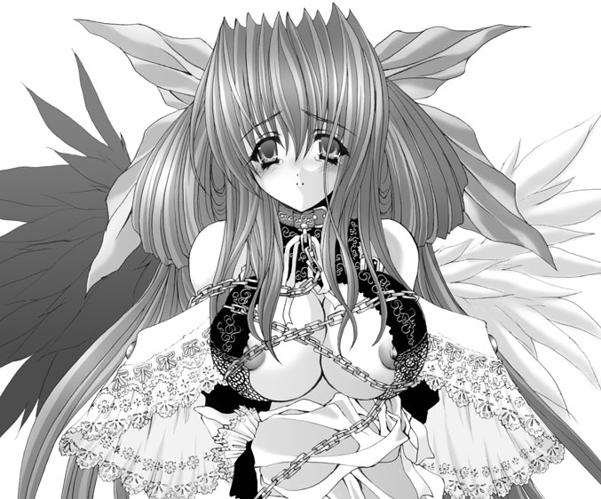 shujin, dizzy (guilty gear), arc system works, guilty gear, eyebrows, 1girl, blush, breasts, chain, collar, female focus, greyscale, large breasts, long hair, looking at viewer, monochrome, nipple slip, nipples, solo, tears