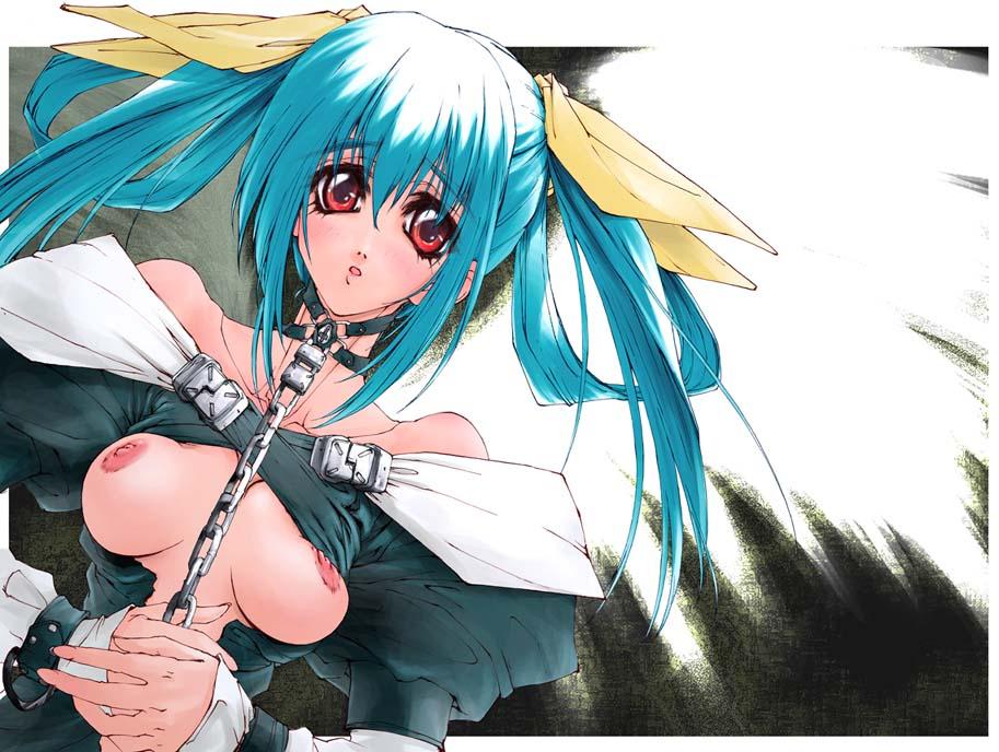 dizzy (guilty gear), arc system works, guilty gear, 1girl, asymmetrical wings, blue hair, breasts, chain, collar, female focus, large breasts, open clothes, open shirt, red eyes, shirt, solo, wings