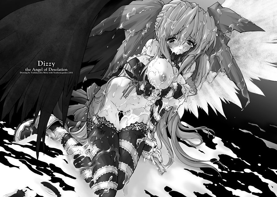 miwa yoshikazu, dizzy (guilty gear), arc system works, guilty gear, 1girl, asymmetrical wings, blush, breasts, bukkake, cum, female focus, greyscale, kneeling, large breasts, long hair, monochrome, ribbon, solo, tail, tail ornament, tail ribbon, tears, thigh gap, thighhighs, thighs, very long hair, wings