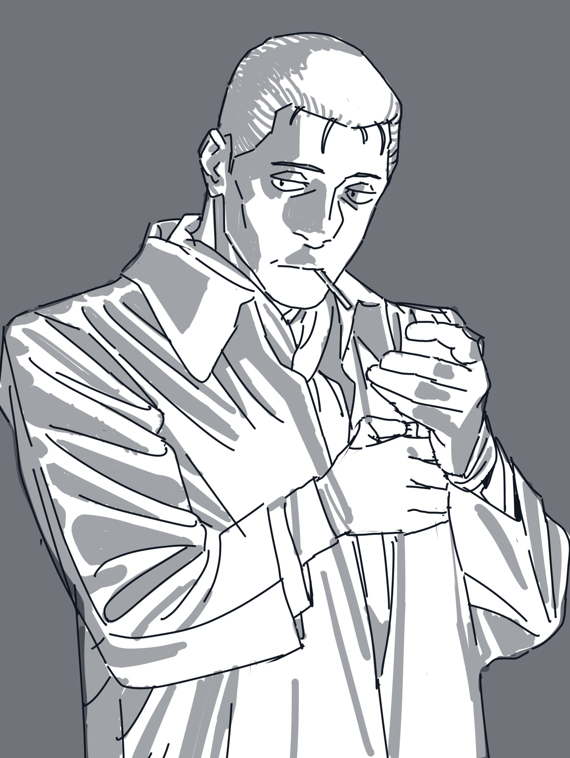 imamura ryou, gotou kiichi, kidou keisatsu patlabor, absurdres, highres, 1boy, black hair, blowing smoke, cigarette, holding, holding cigarette, jacket, police, police uniform, simple background, upper body