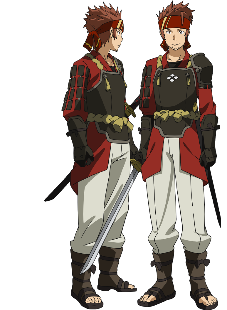 adachi shingo, klein (sao), sword art online, official art, 2boys, anime coloring, armor, beard, black shirt, breastplate, brown hair, clenched hands, closed mouth, facial hair, from side, full body, grey sandals, headband, holding, holding sword, holding weapon, japanese armor, japanese clothes, katana, kimono, kote, looking at viewer, multiple boys, multiple views, pants, pauldrons, profile, red headband, red kimono, rope belt, sandals, scabbard, sheath, sheathed, shirt, short hair, shoulder armor, simple background, smile, standing, stubble, sword, t-shirt, transparent background, weapon, white pants